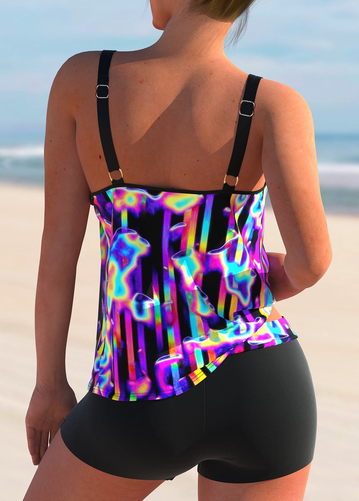 Color Print Double Straps Tankini Set