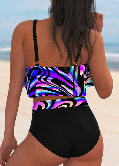 Hollow Out Color Print Tankini Set