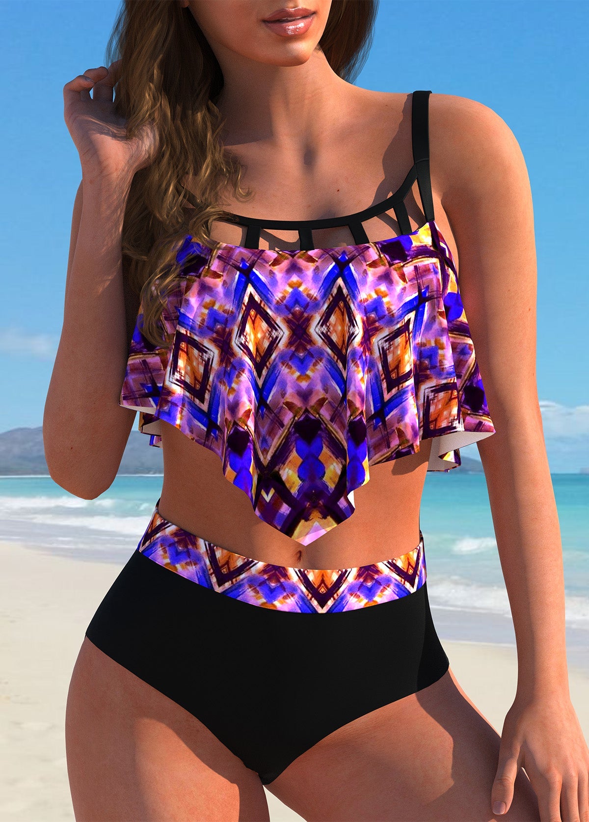 Color Tribal Print Hollow Out Tankini Set Purple