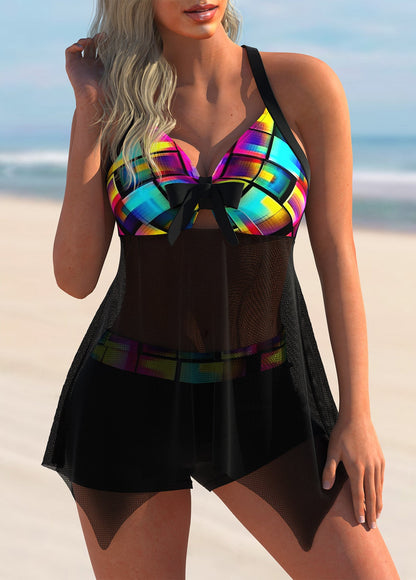 Bowknot Color Geometric Print Swimdress and Shorts Multicolor