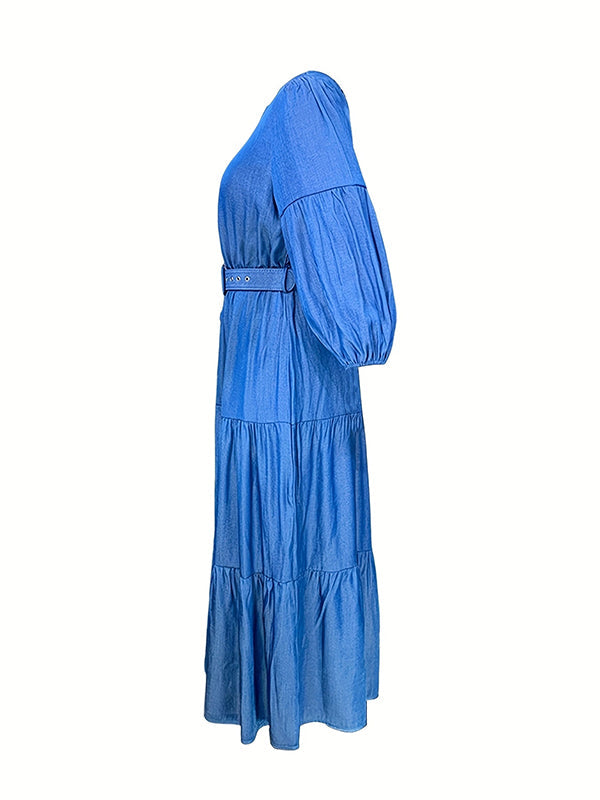 Plus-Size Puff-Sleeve Ruffle Dress