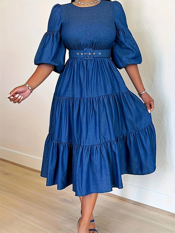 Plus-Size Puff-Sleeve Ruffle Dress