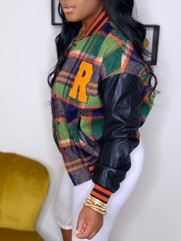 Plus-Size Faux-Leather Combo Plaid Jacket