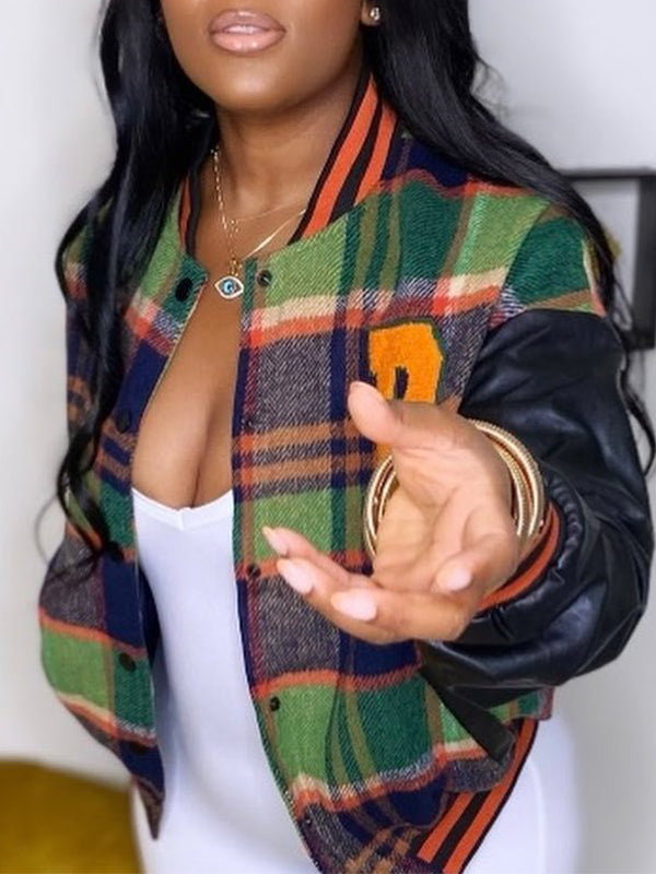 Plus-Size Faux-Leather Combo Plaid Jacket