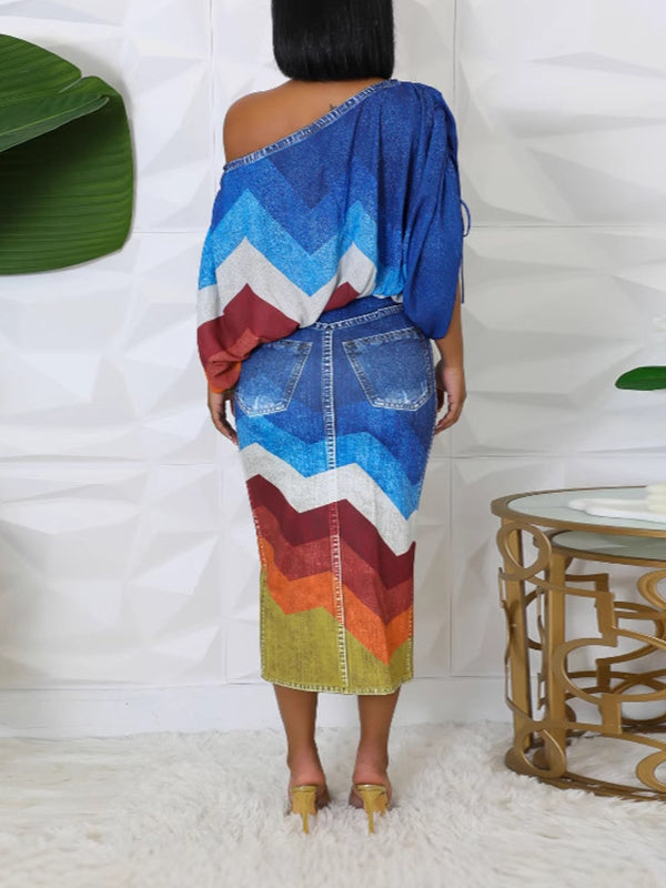 Plus-Size Denim-Print Top & Skirt Set