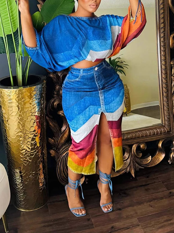 Plus-Size Denim-Print Top & Skirt Set