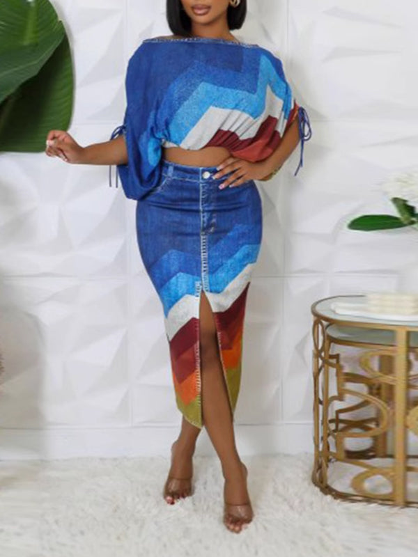 Plus-Size Denim-Print Top & Skirt Set