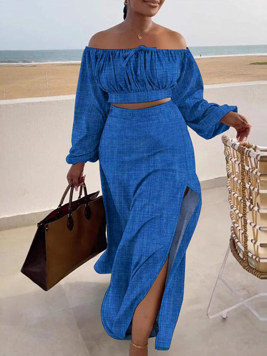 Plus-Size Off-Shoulder Top & Slit Skirt Set