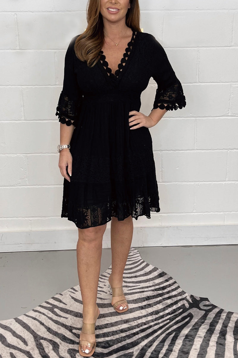 V-neck lace cotton dress Black