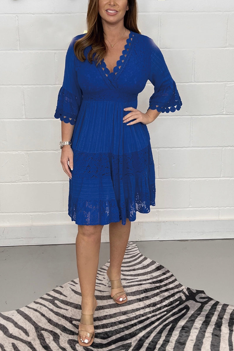 V-neck lace cotton dress Blue