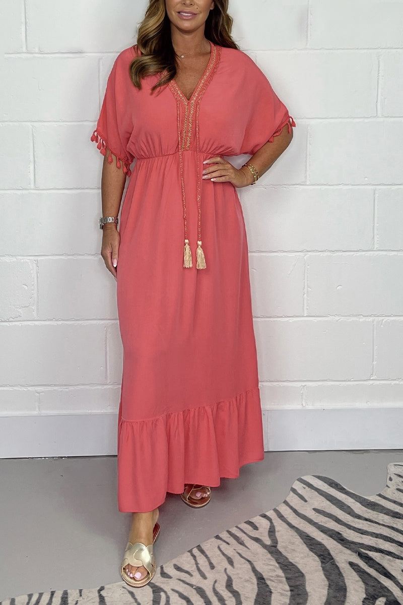 V-neck cotton dress Coral