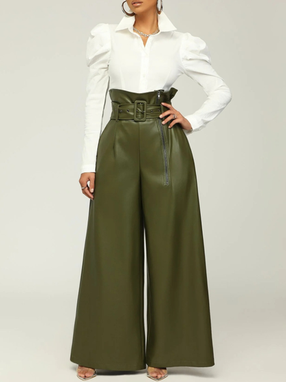 Gorgeousladie Faux-Leather Wide-Leg Belted Pants