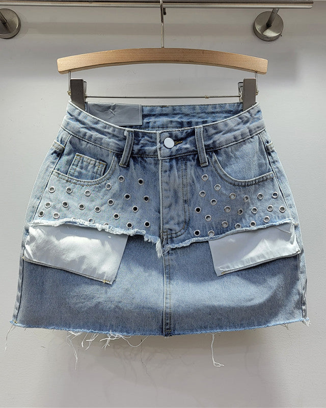 Retro Spliced Fake Two-Piece Denim Skirt Blue