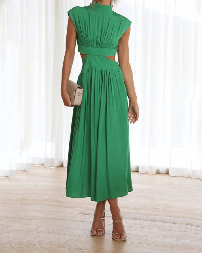 Stand Collar Macaron Waistless Midi Dress Green