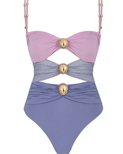 Color Block Cutout One Piece Swimsuit and Sarong Violet One Piece