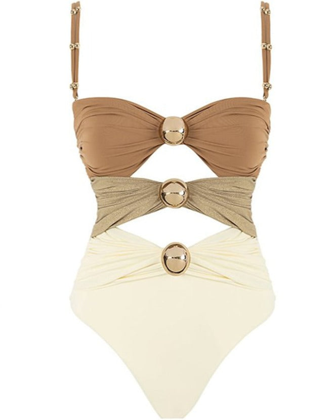 Color Block Cutout One Piece Swimsuit and Sarong Brown One Piece