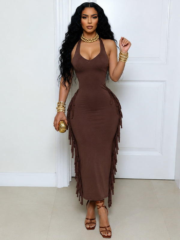 Fringe  Halter Maxi Dress