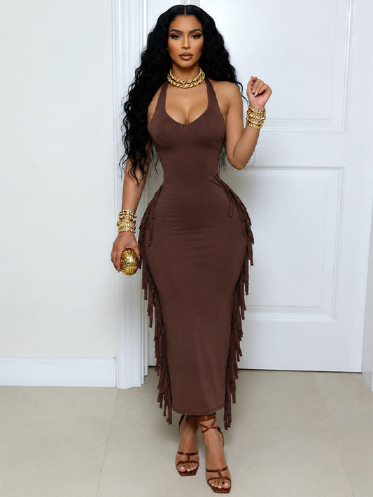 Fringe  Halter Maxi Dress