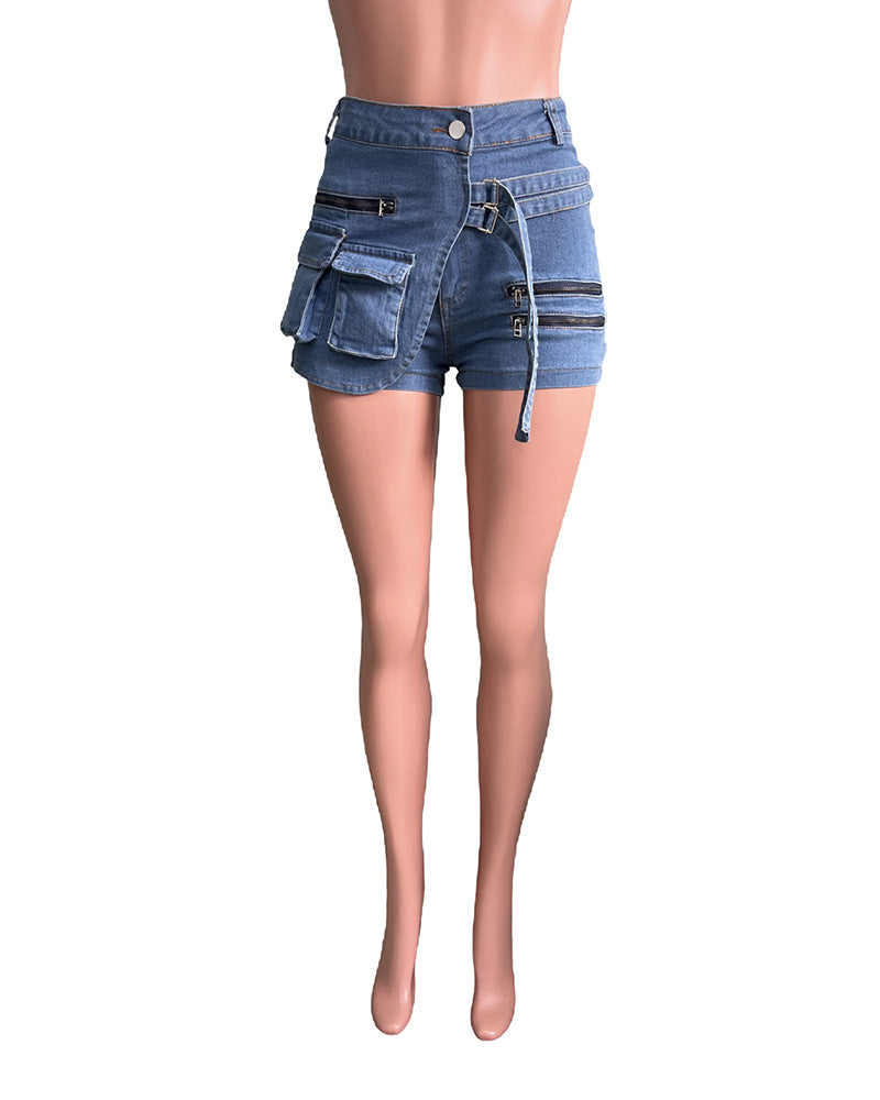 Stretch-Zip Multi-Pocket Denim Shorts