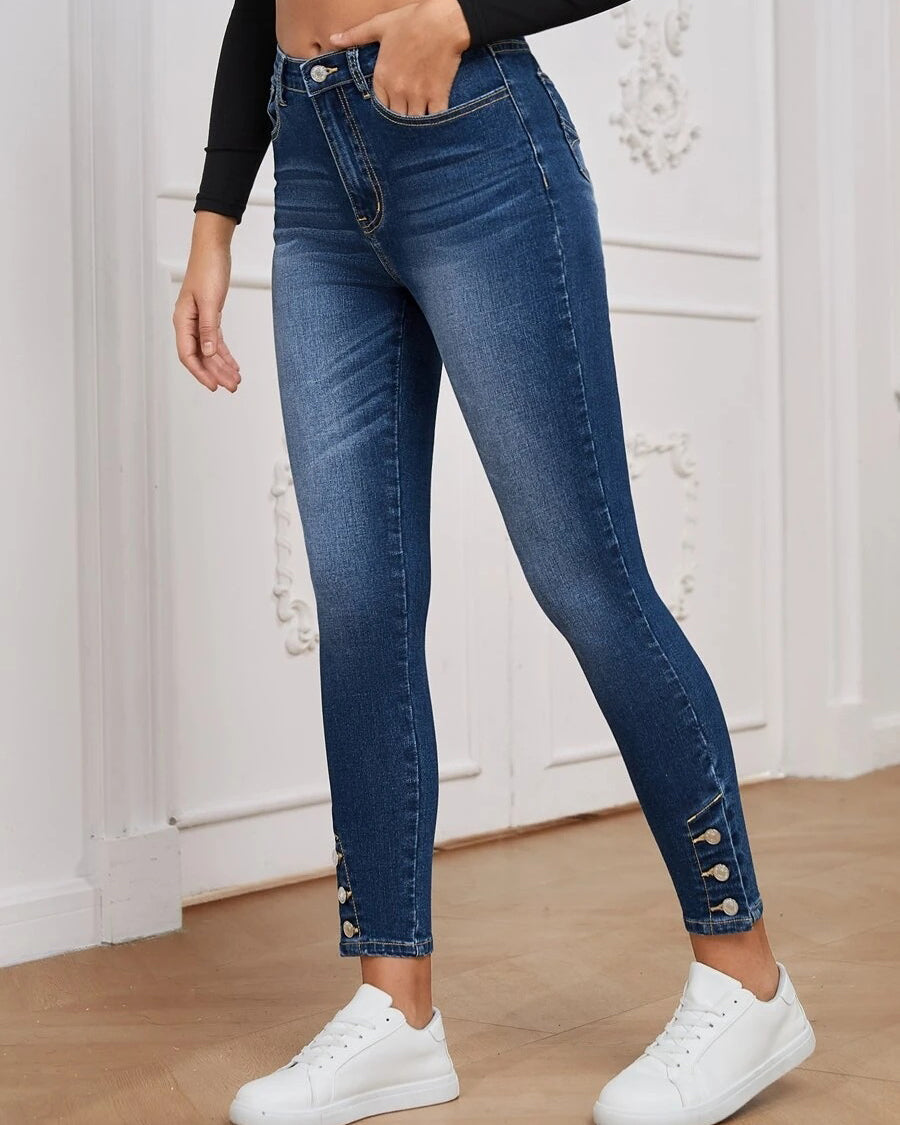 Buttoned High Elastic Tight Denim Trousers Women