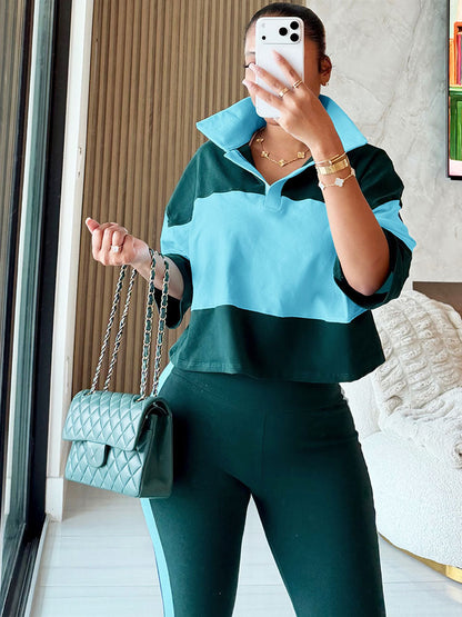 Colorblock Cropped Polo Top & Flare Leggings Set