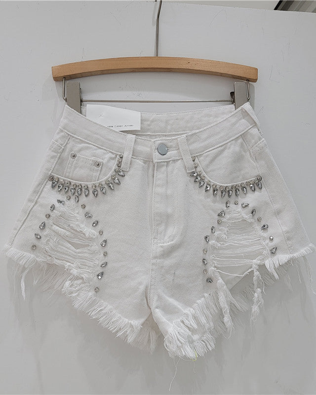 Diamond-Encrusted Frayed Denim Shorts White