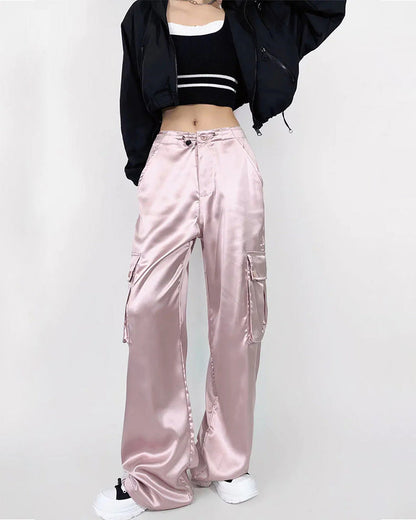 Loose Straight High-Waisted Casual Satin Overalls Pink