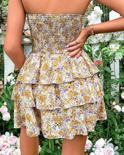 Floral Print Strapless Lace-up Cutout Mini Dress