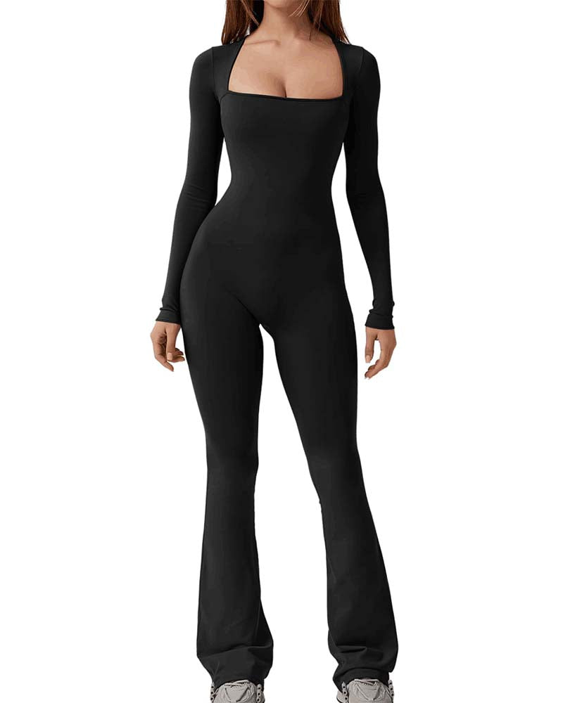 Long Sleeve Wide Collar Slim Fit Yoga Jumpsuit Black