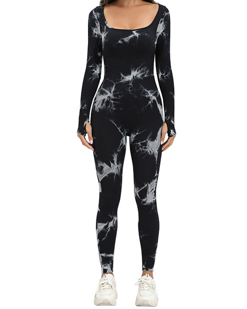 Tie Dye Square Neck Long Sleeve Athletic Seamless Yoga Bodysuit Black