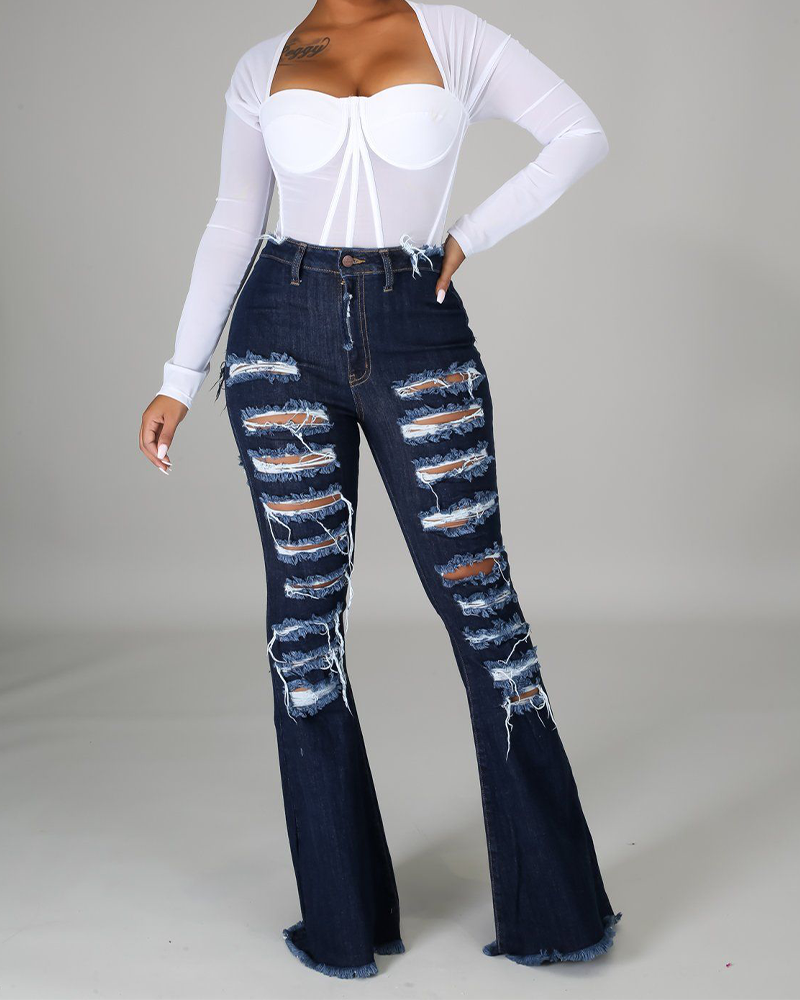 High-Waisted Broken Hole Flared Jeans