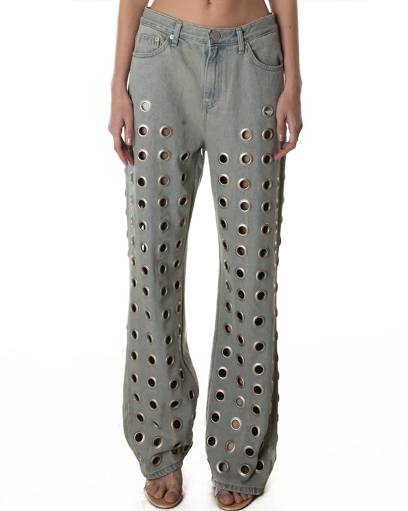 Retro Washed Eyelet Straight Denim Trousers (Pre-sale) Lightblue