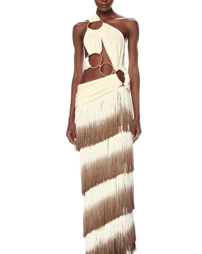 Beach Gradient Tassel Retro Dress Brown