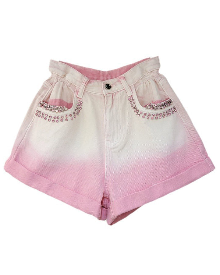 Diamond-Encrusted Colorblock Rolled Hem High-Waisted Wide-Leg Denim Shorts Pink