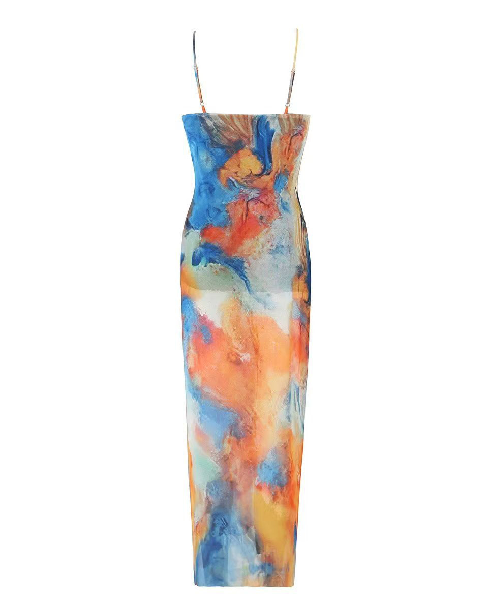 Silk Printed Long Slim Fit Suspender Dress