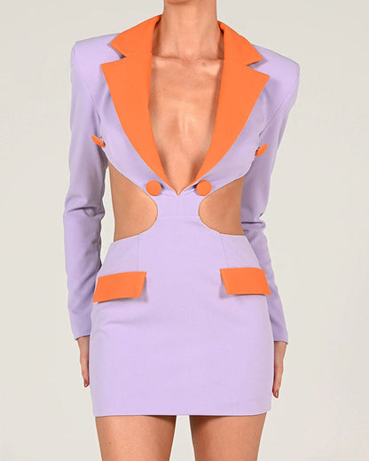 Colorblock Lapel Backless Blazer Dress