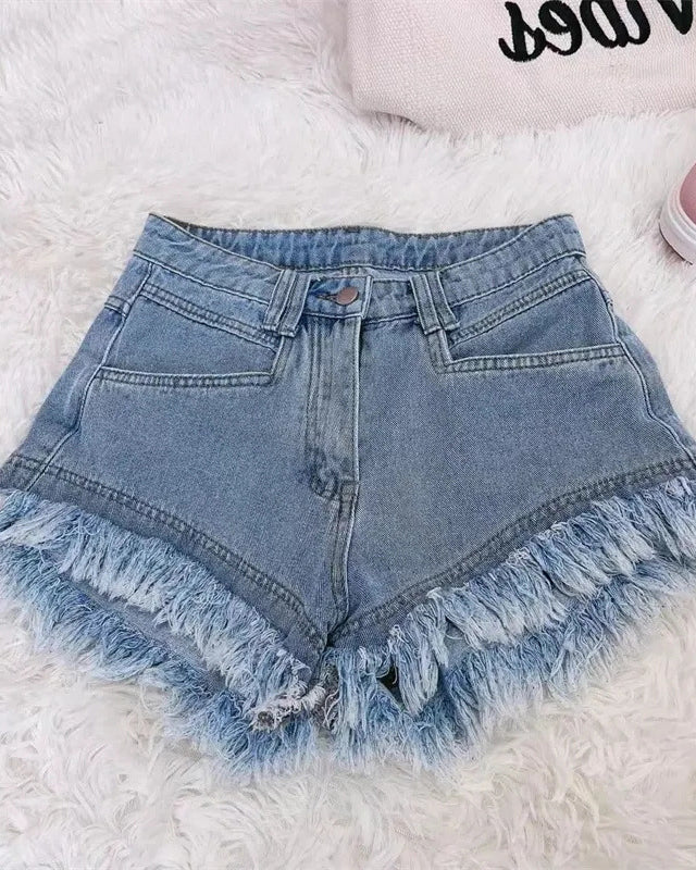 Solid Color Fringed Denim Shorts Blue