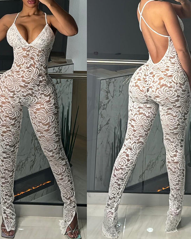 Deep V Halter Back Lace See Through Jumpsuit