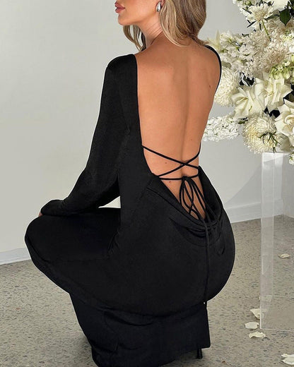 Backless Criss-Cross Tie High-Waist Hip-Hugging Long-Sleeved Dress