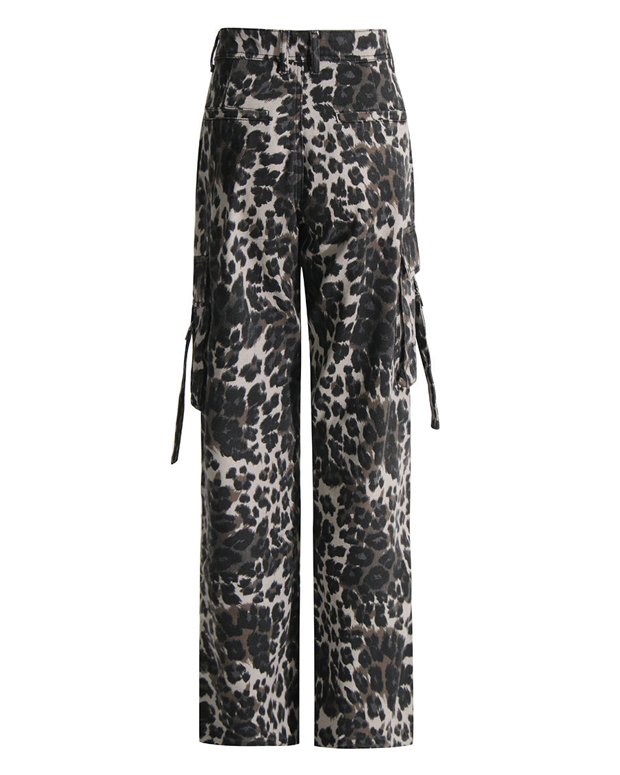 Leopard Print High-Rise Straight-Leg Cargo Pants With Pocket Jeans