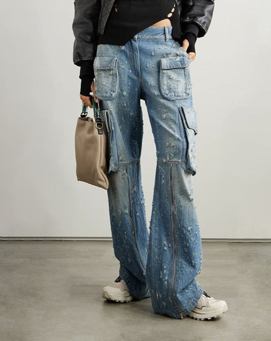 High Waist Loose Ripped Cargo Jeans Women Blue