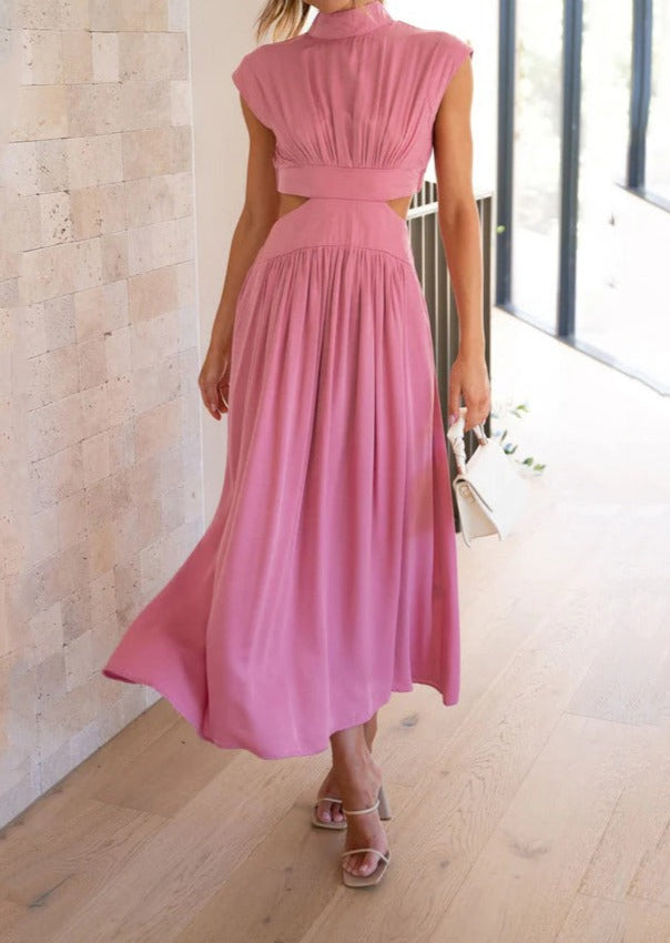 Stand Collar Macaron Waistless Midi Dress Pink