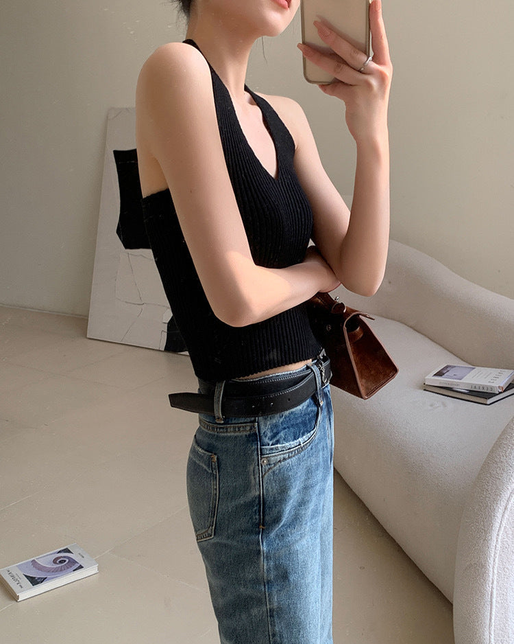 Halterneck Sleeveless Knitted Backless Tank Top