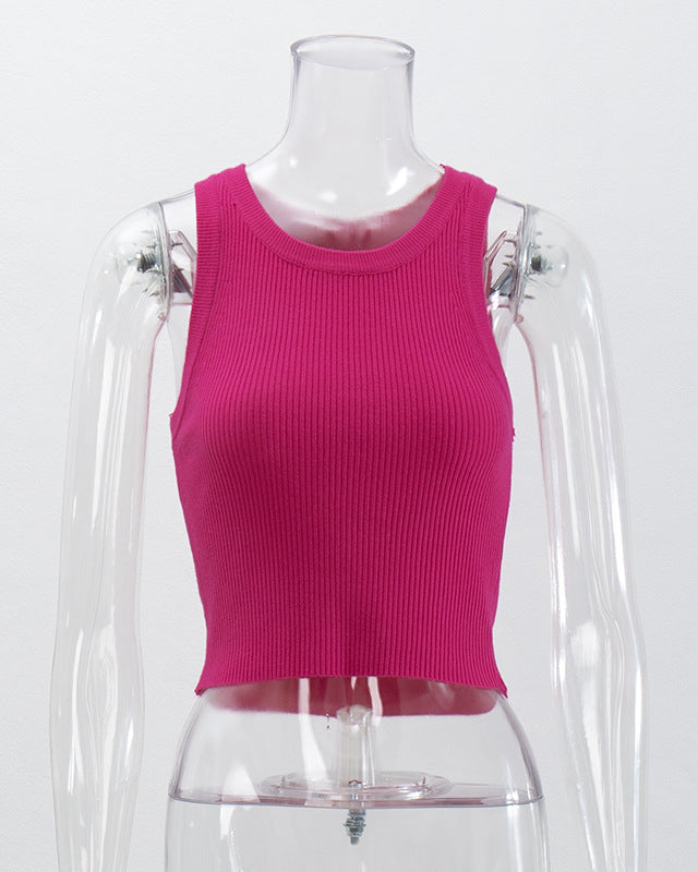 Ribbed Knitted Solid Color Slim Short Camisole