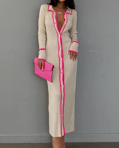 Women's Slim Lapel Paneled Long Sleeve Cardigan Dress HotPink