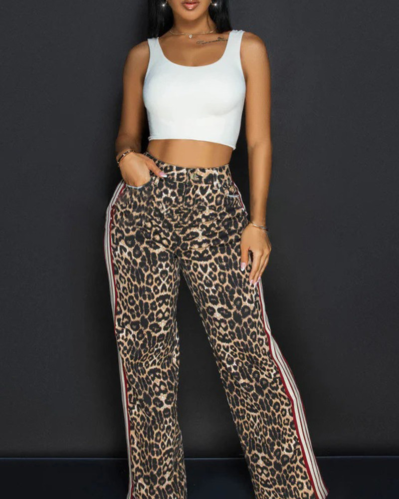 High-Waisted Leopard Print Casual Pants