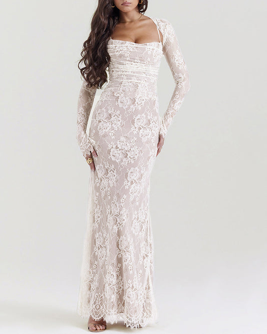 Lace Shawl Suspender Two-Piece Long-Sleeved Fishtail Dress Ivory