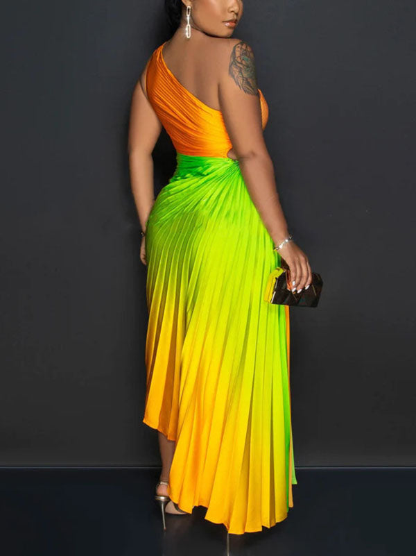 Gradient One Shoulder Pleated Dress