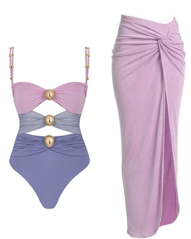 Color Block Cutout One Piece Swimsuit and Sarong