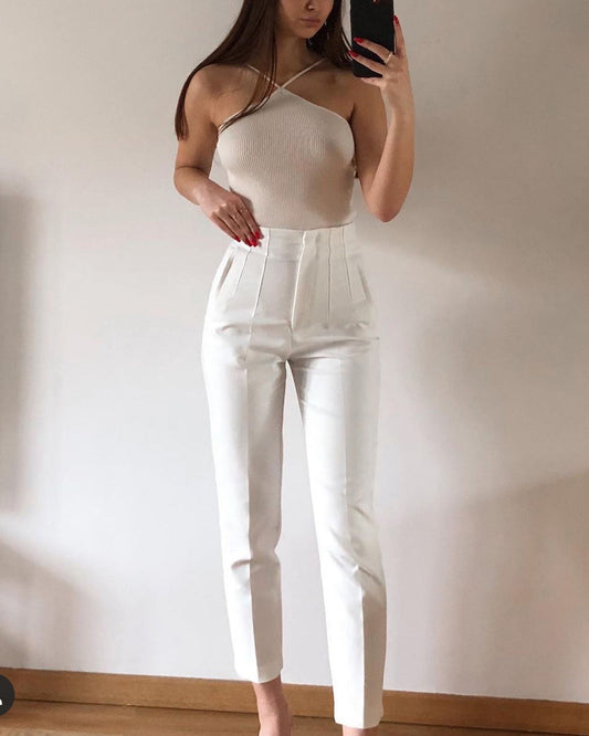 High Waist Trousers Slim Fit Casual Pants White